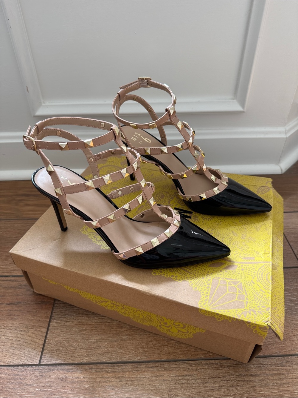 Mix No. 6 Black Patent Pointed-Toe Heels with Blush Studded Straps